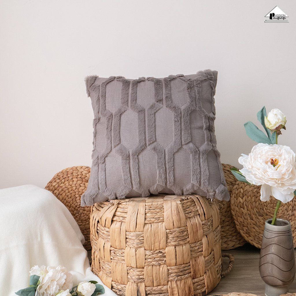 Vỏ Gối Tựa Lưng Lông Dệt Nổi Họa Tiết Hình Học Thoi Vuông 3 Chiều Sang Trọng