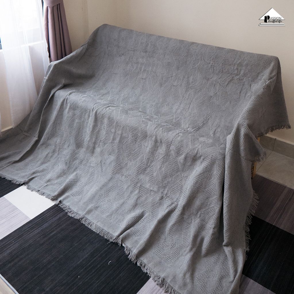 Chăn thảm phủ ghế sofa đan len tua rua màu xám lưới