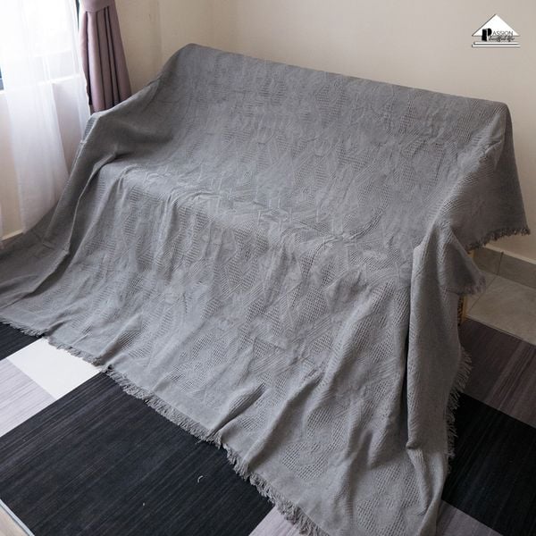 Chăn Thảm Phủ Ghế Sofa Đan Len Tua Rua Màu Xám Lưới