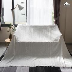 Chăn thảm phủ ghế sofa đan len tua rua màu trắng lưới