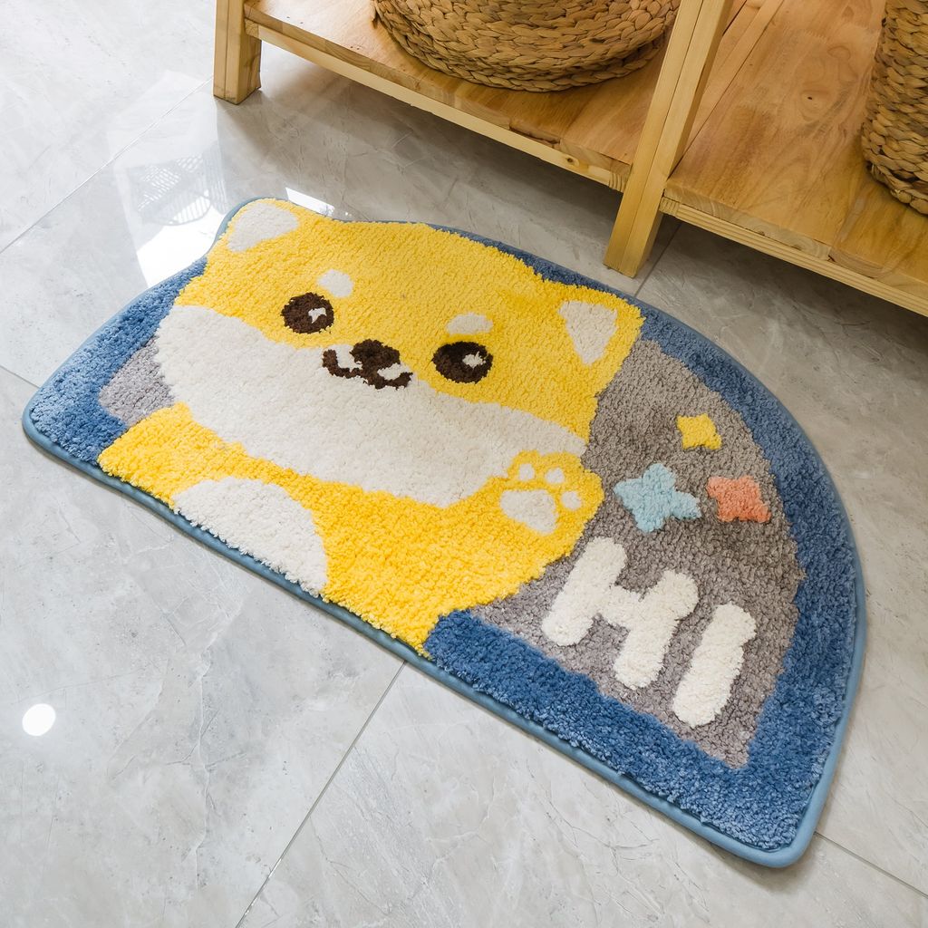 Thảm lau chân sợi len cashmere hình bán nguyệt họa tiết mặt gấu