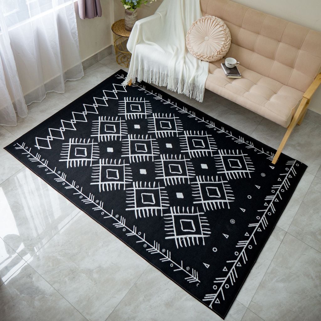 Thảm Nhung Nỉ Trải Sàn Trang Trí Phòng Khách Thổ Cẩm Trắng Đen