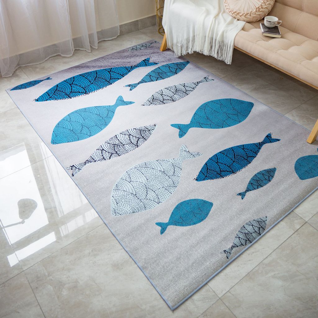 Thảm Nhung Trang Trí Phòng Họa Tiết Cá Xanh Pinellia