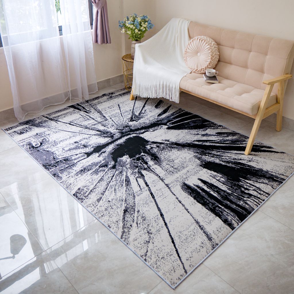 Thảm nhung nỉ trừu tượng đen loang màu họa tiết tia nổ 140x200cm - Nội Thất Passion