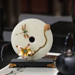 Tượng Trang Trí Đĩa Ngọc Bích Chuồn Chuồn Hoa Sen