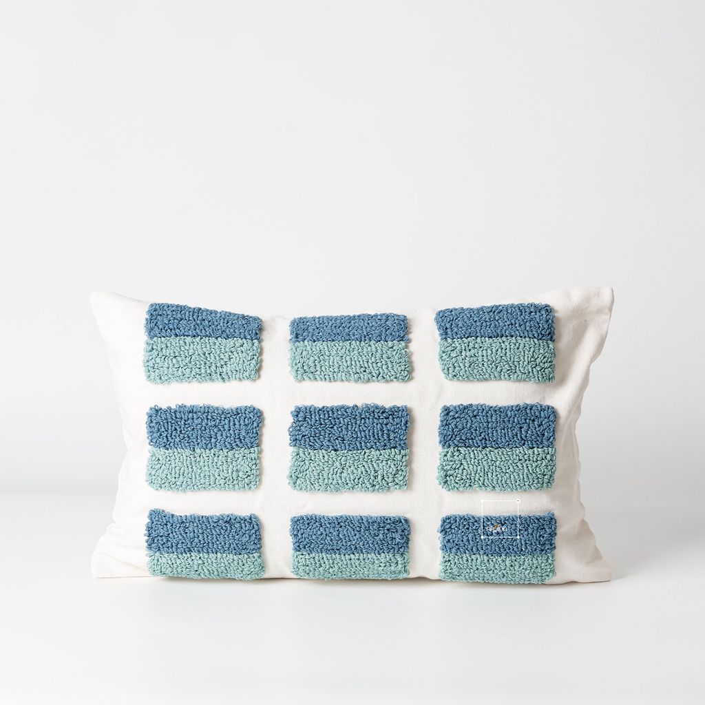 Vỏ Gối Tựa Lưng Canvas Thêu Nổi Hình Học Xanh Ngọc