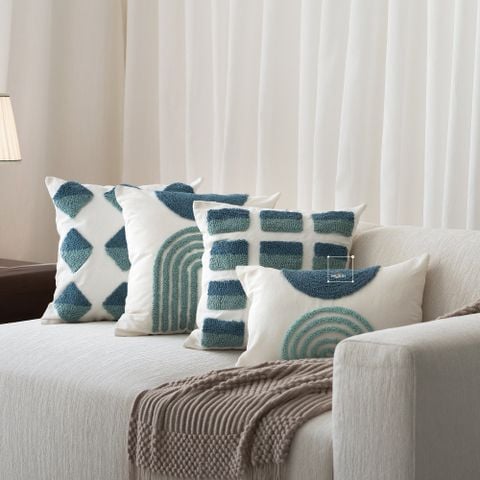 Vỏ Gối Tựa Lưng Canvas Thêu Nổi Hình Học Xanh Ngọc