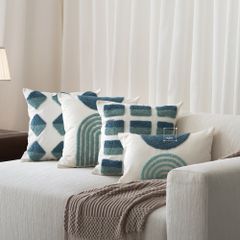 Vỏ Gối Tựa Lưng Canvas Thêu Nổi Hình Học Xanh Ngọc