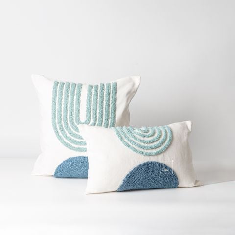 Vỏ Gối Tựa Lưng Canvas Thêu Nổi Hình Học Xanh Ngọc