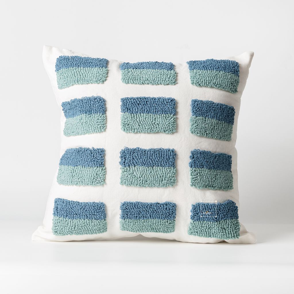 Vỏ Gối Tựa Lưng Canvas Thêu Nổi Hình Học Xanh Ngọc