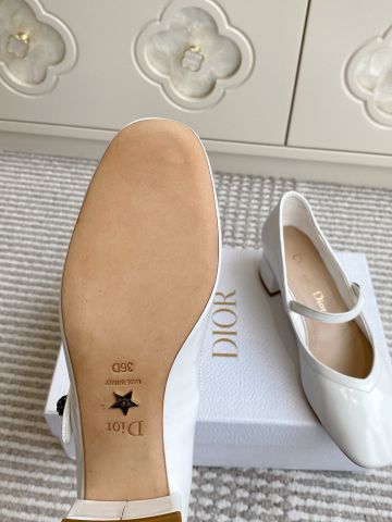 SANDAL/BALLET GIÀY NỮ DIORR * D-NEW BALLET MŨI TRÒN GÓT THẤP DA BÓNG TRẮNG