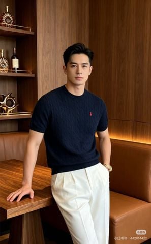 ÁO KNIT NAM R L CỔ TRÒN TAY NGẮN DỆT CABLE-KNIT THÊU LOGO