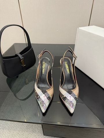 GIÀY CAO GÓT NỮ BBR SLINGBACK MŨI NHỌN CANVAS CHECK ĐÍNH ĐÁ CAO 8.5CM