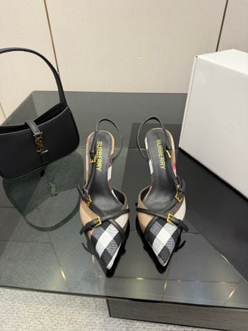 SANDAL CAO GÓT NỮ BBR 8.5CM CHECK CANVAS PHỐI DA MŨI NHỌN THANH MẢNH