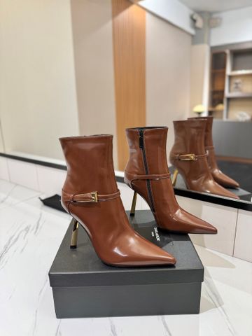 BOOT NỮ YSL*  GÓT KIM LOẠI 9.5CM, MŨI NHỌN – DA NÂU COGNAC