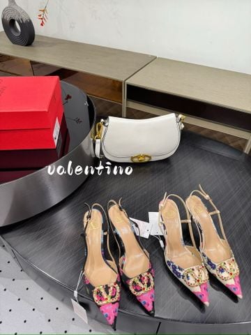 Giày cao gót VALENTINOO* slingback đính V-LOGO hoa – gót 8 cm
