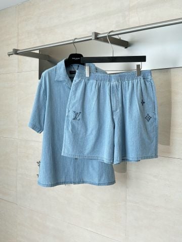 SET NAM LV SƠ MI CHAMBRAY THÊU SASHIKO & QUẦN SHORT ĐỒNG BỘ
