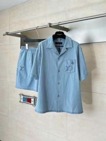 SET NAM LV SƠ MI CHAMBRAY THÊU SASHIKO & QUẦN SHORT ĐỒNG BỘ