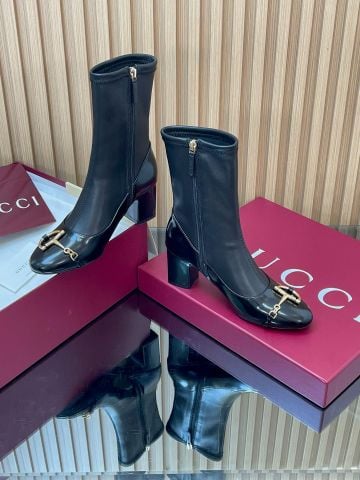 SANDAL BOOT NỮ GUCC* GÓT CAO 6.5CM DA BÓNG ĐÍNH MÓC NGỰA HALF HORSEBIT MÀU VÀNG