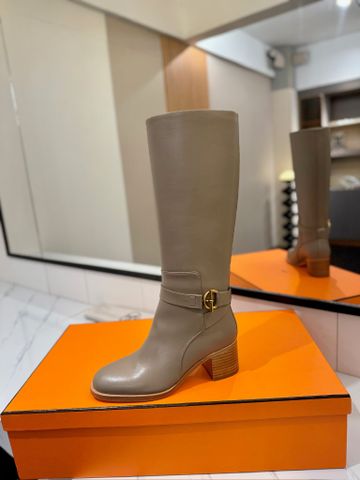 BOOT NỮ HERM* DA BÒ NÂU DÁNG RIDING GÓT 5.5CM THANH LỊCH TÔN CHÂN