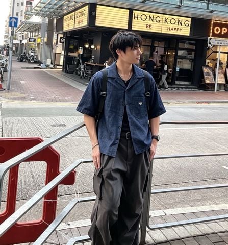 ÁO SƠ MI NAM P R A D* DENIM BOWLING SHIRT CỔ VEEST MỀM