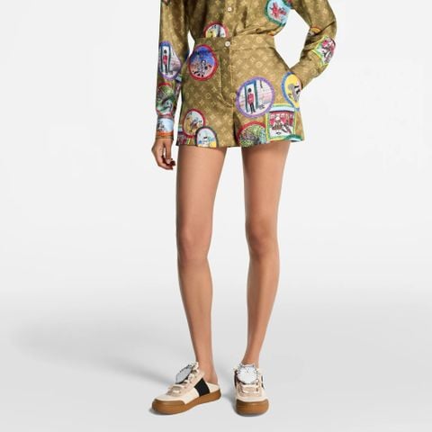 BỘ ÁO SƠ MI LỤA + QUẦN SHORT NỮ LV HỌA TIẾT PATCH