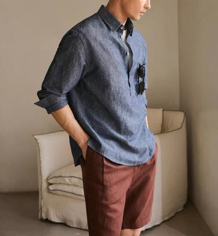 ÁO SƠ MI NAM BC* HEMP COTTON LINEN PHOM RỘNG THOÁNG NHẸ, CỔ BẺ NỬA HÀNG NÚT