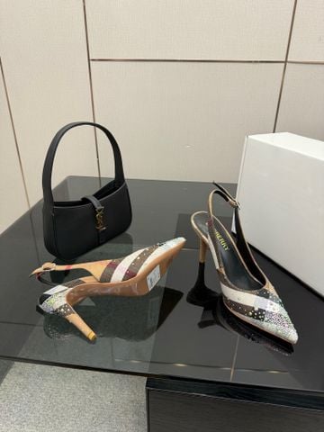 GIÀY CAO GÓT NỮ BBR SLINGBACK MŨI NHỌN CANVAS CHECK ĐÍNH ĐÁ CAO 8.5CM