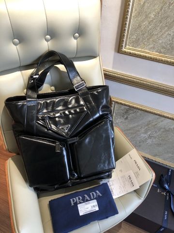 TÚI NAM NỮ PR**A  DA BÓNG ĐEN – TOTE 2NGĂN TRƯỚC SIGNATURE*