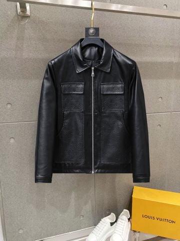 ÁO KHOÁC DA NAM L V MONOGRAM DẬP NỔI CỔ BẺ KHÓA ZIP