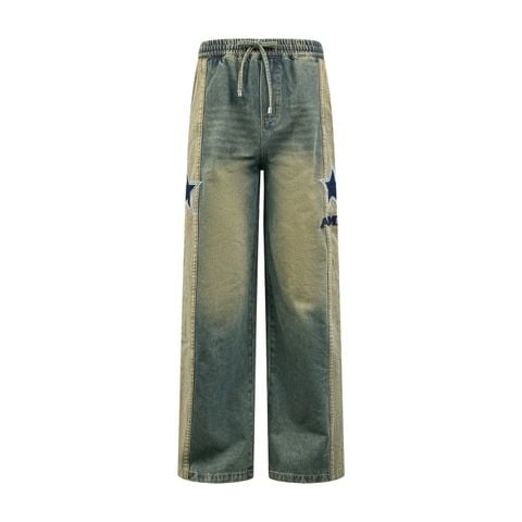 QUẦN JEANS NAM AMR WIDE-LEG WASHED DENIM LƯNG THUN DÂY RÚT – THÊU