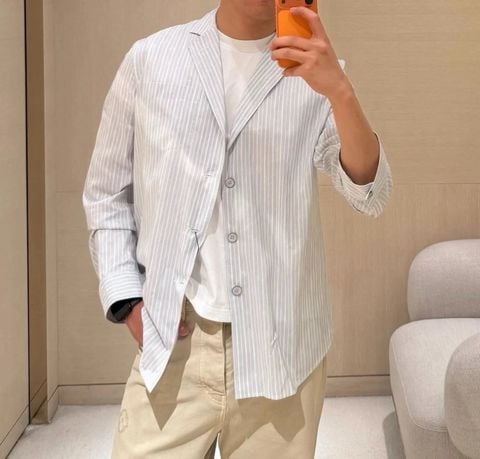 ÁO SƠ MI NAM LV CỔ PYJAMA KẺ DỌC HIỆU ỨNG HỌA TIẾT CHÌM