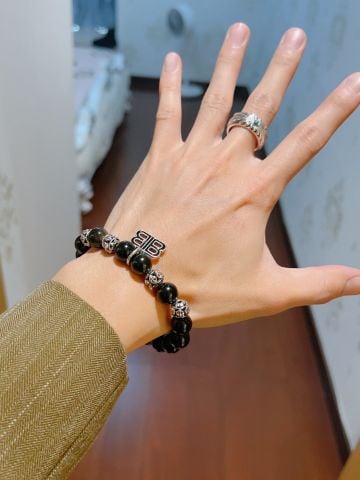 VÒNG TAY NAM NỮ BLCG* ĐÁ OBSIDIAN TỰ NHIÊN – CHI TIẾT BẠC THÁI VINTAGE,