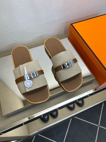 DÉP NAM H M MADE SANDAL QUAI CANVAS DỆT PHỐI DA BÊ, KHÓA KELLY