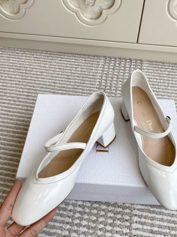 SANDAL/BALLET GIÀY NỮ DIORR * D-NEW BALLET MŨI TRÒN GÓT THẤP DA BÓNG TRẮNG