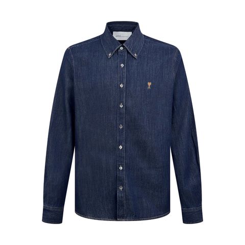 ÁO SƠ MI NAM AMI DENIM THÊU TIM MINI CỔ BUTTON-DOWN FORM RỘNG THANH LỊCH