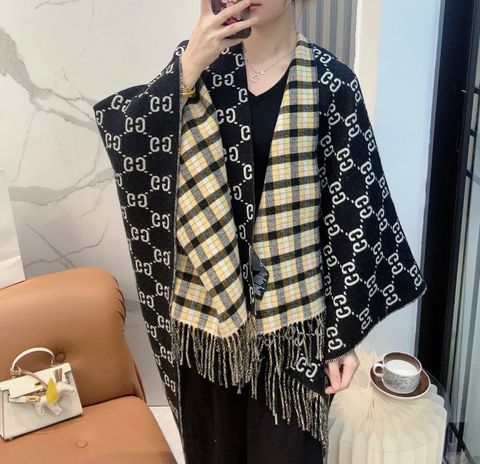 PONCHO  GUCC* MONOGRAM X KẺ TARTAN, DOUBLE-FACE 100%
