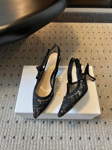 GIÀY NỮ DIO* CAO GÓT SLINGBACK NƠ BƯỚM ĐEN THÊU LƯỚI cao 6,5cm và 9,5cm