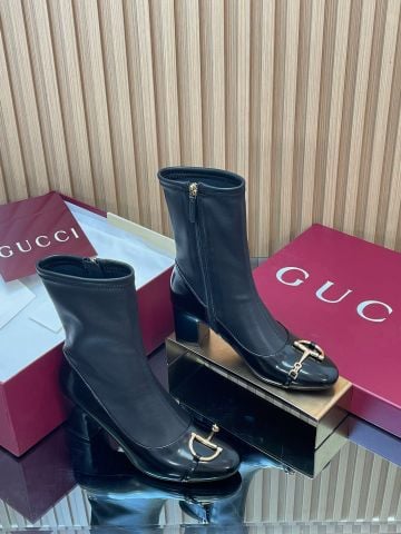 SANDAL BOOT NỮ GUCC* GÓT CAO 6.5CM DA BÓNG ĐÍNH MÓC NGỰA HALF HORSEBIT MÀU VÀNG