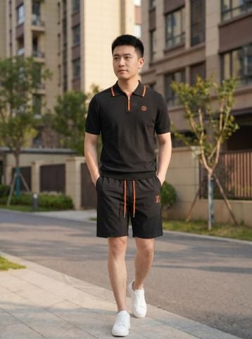 BỘ NAM H M POLO ZIP COLLAR & SHORTS DRAWSTRING