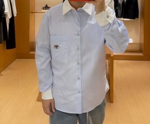 ÁO SƠ MI NAM L V SỌC MẢNH THÊU TINH XẢO CỔ & TAY PHỐI TƯƠNG PHẢN