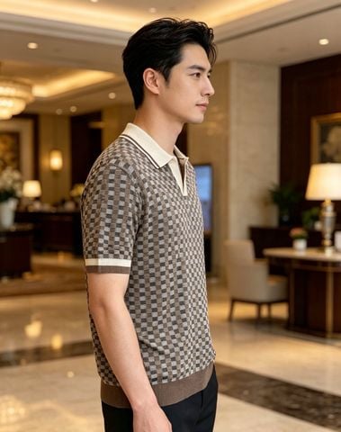ÁO POLO NAM LV* DỆT KIM JACQUARD HỌA TIẾT DAMIER OLD MONEY