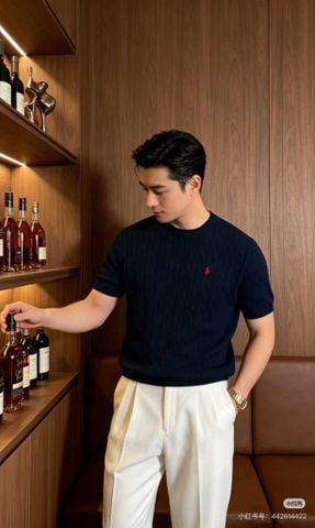 ÁO KNIT NAM R L CỔ TRÒN TAY NGẮN DỆT CABLE-KNIT THÊU LOGO