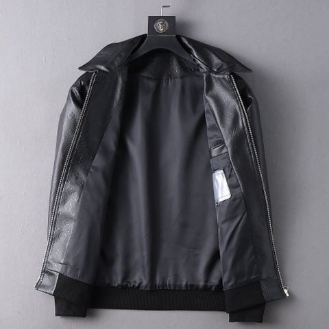 ÁO KHOÁC DA NAM L V MONOGRAM DẬP NỔI TOÀN THÂN PHOM CỔ BẺ LÊN DÁNG GỌN ĐẸP