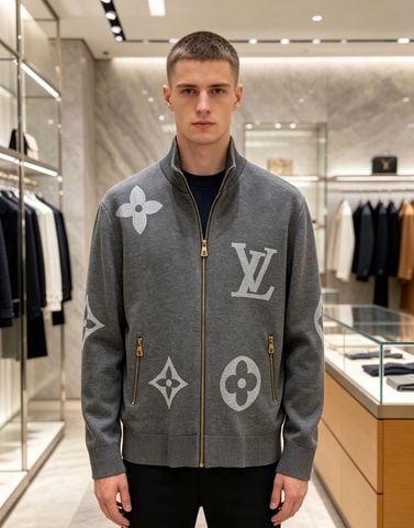 ÁO KHOÁC DỆT KIM NAM L V MONOGRAM KHỔ LỚN – CỔ ĐỨNG KHÓA KÉO