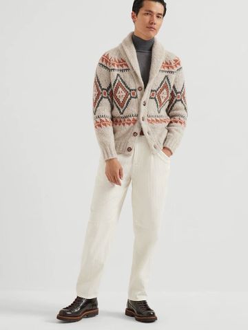 CARDIGAN LEN NAM BC HOẠ TIẾT JACQUARD HÌNH HỌC CỔ CHOÀNG SANG TRỌNG