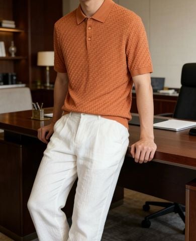 ÁO POLO DỆT KIM NAM L P – LỤA TƠ TẰM PHA TENCEL, VÂN DỆT NỔI LẬP THỂ