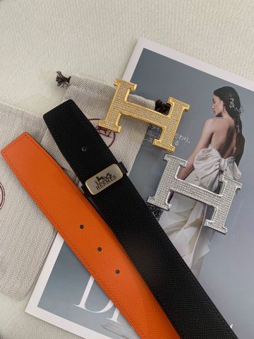 THẮT LƯNG NAM Herme*  H-BUCKLE ĐÍNH HẠT – DA BÊ ĐÔI MẶT ĐEN/CAM 3.8CM*