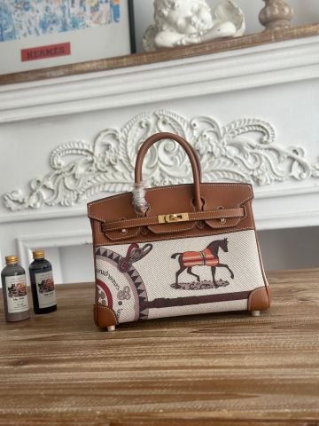 TÚI XÁCH NỮ H M BIRKIN PHỐI TOILE & SWIFT DA BÒ HỌA TIẾT NGỰA CỔ ĐIỂN KHÓA KIM LOẠI SANG TRỌNG CHẤT LƯỢNG THƯỢNG HẠNG