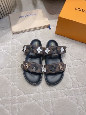 SANDAL NỮ L V DAMIER AZUR HAI QUAI HOA MONOGRAM PHỐI KHÓA KIM LOẠI SANG XINH